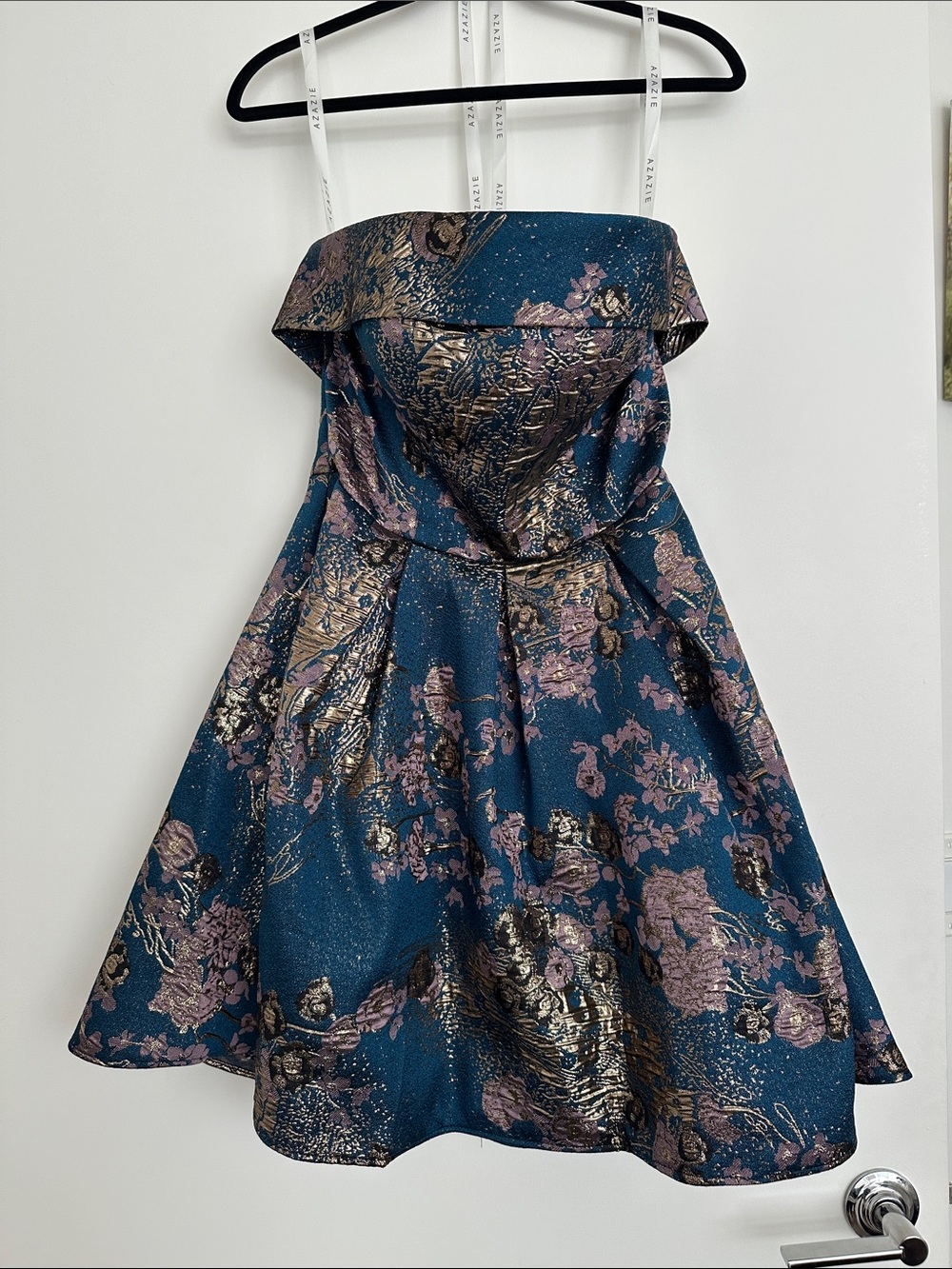 Azazie Teal Strapless Floral Brocade Dress with Gold Accents